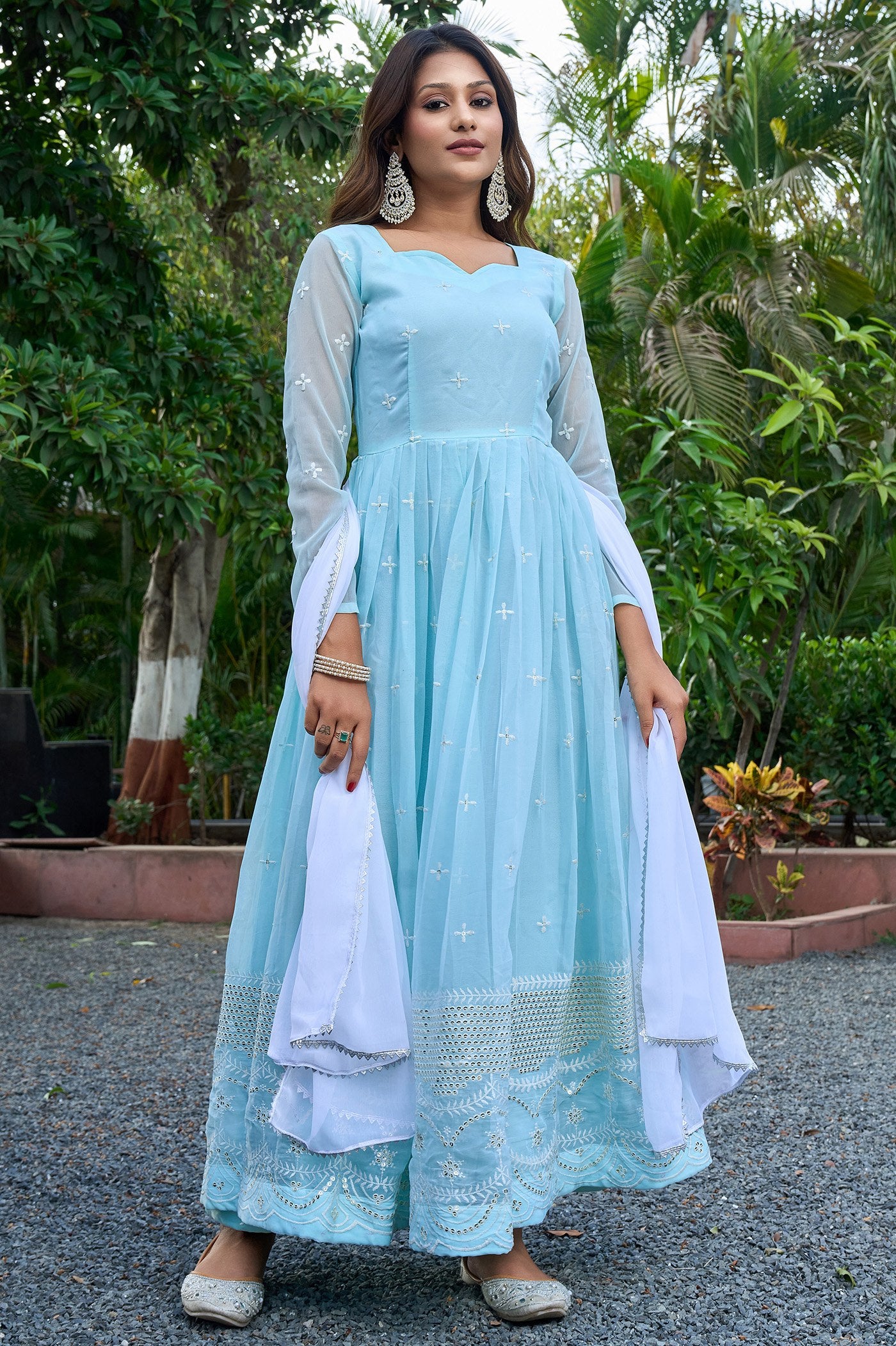 Luxury Ethnic Sky Blue Anarkali Dress with Dupatta