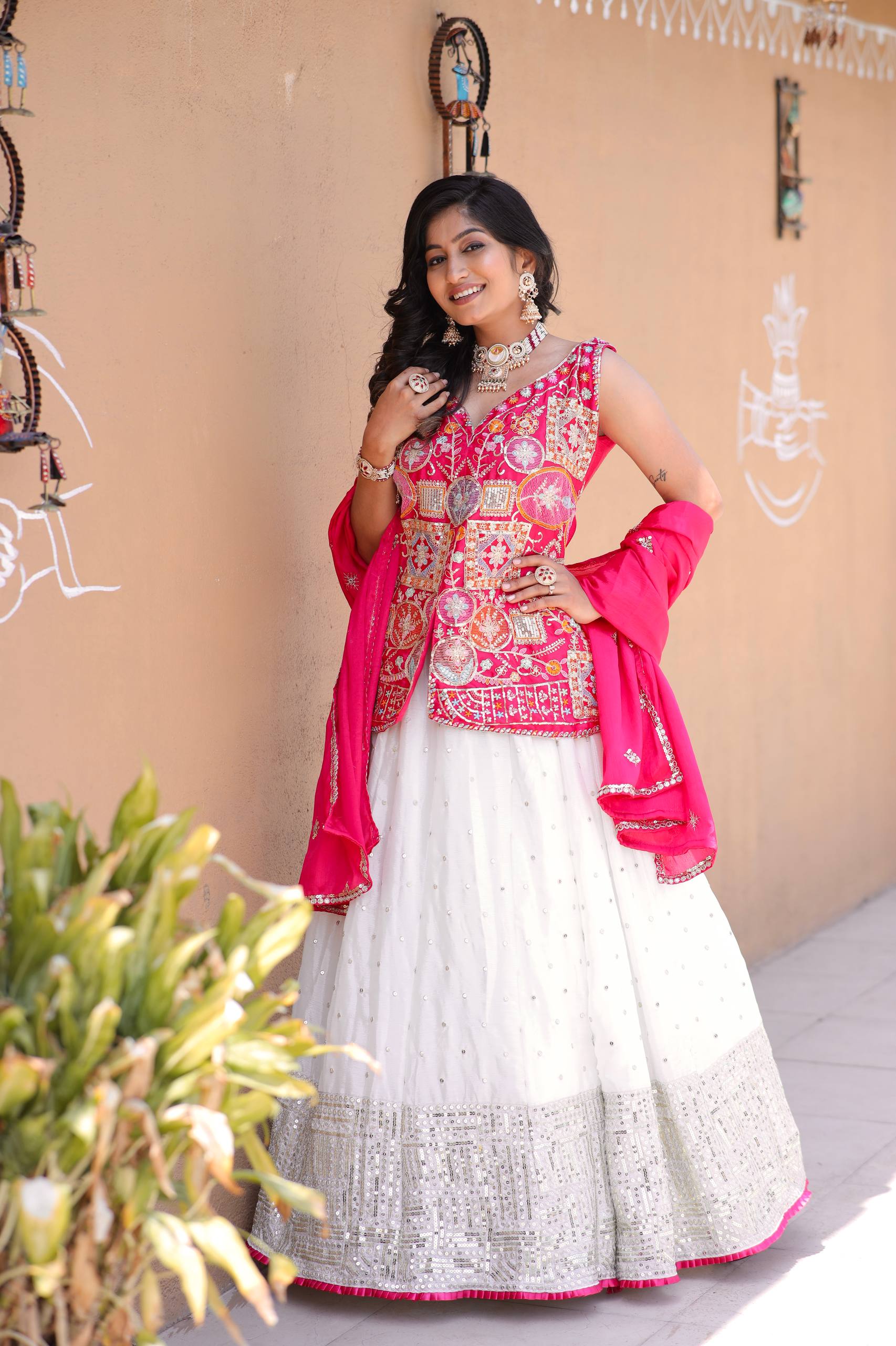 Traditional White Lehenga with Mirror Work and Pink Embroidered Jacket