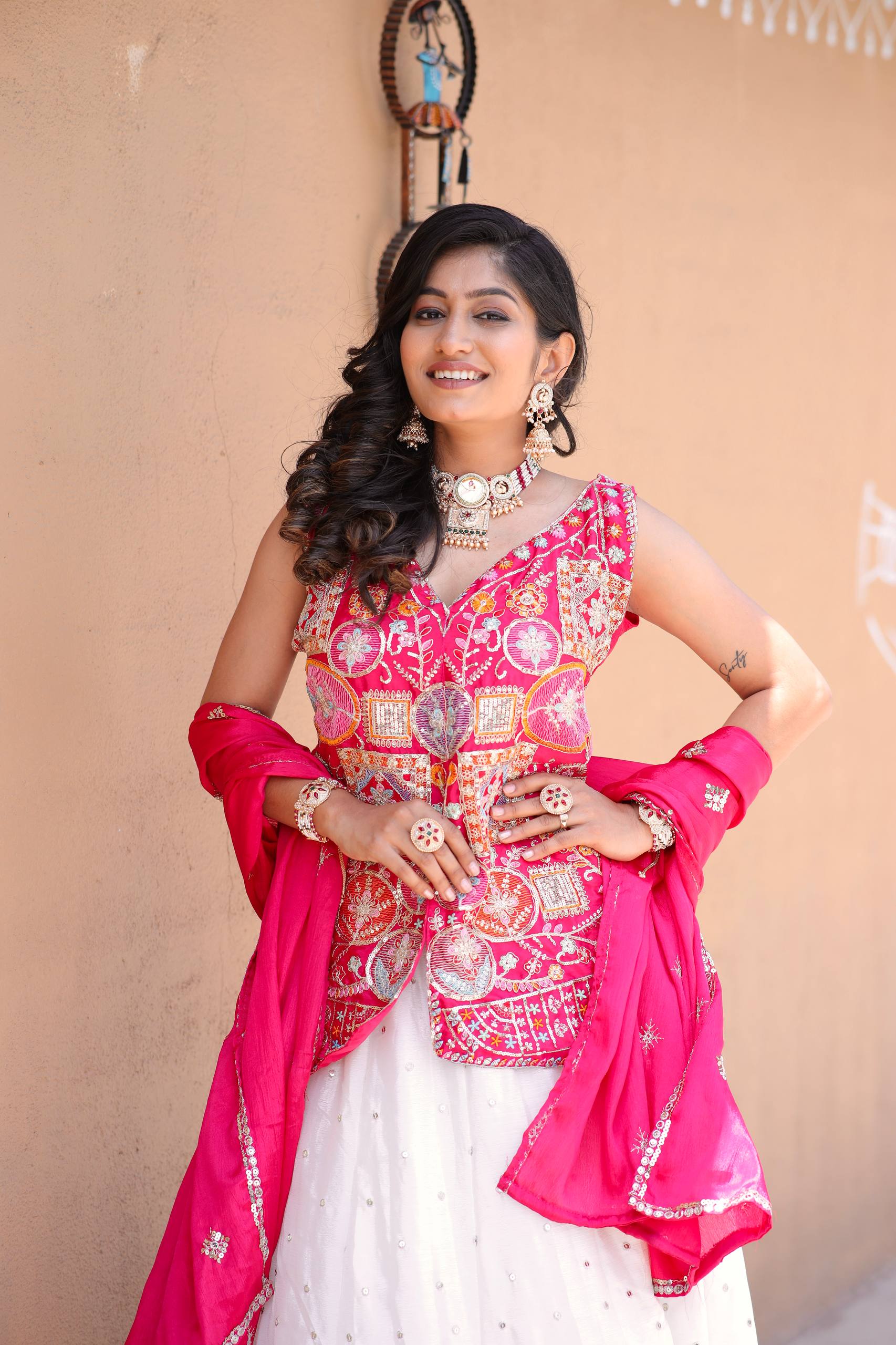Traditional White Lehenga with Mirror Work and Pink Embroidered Jacket