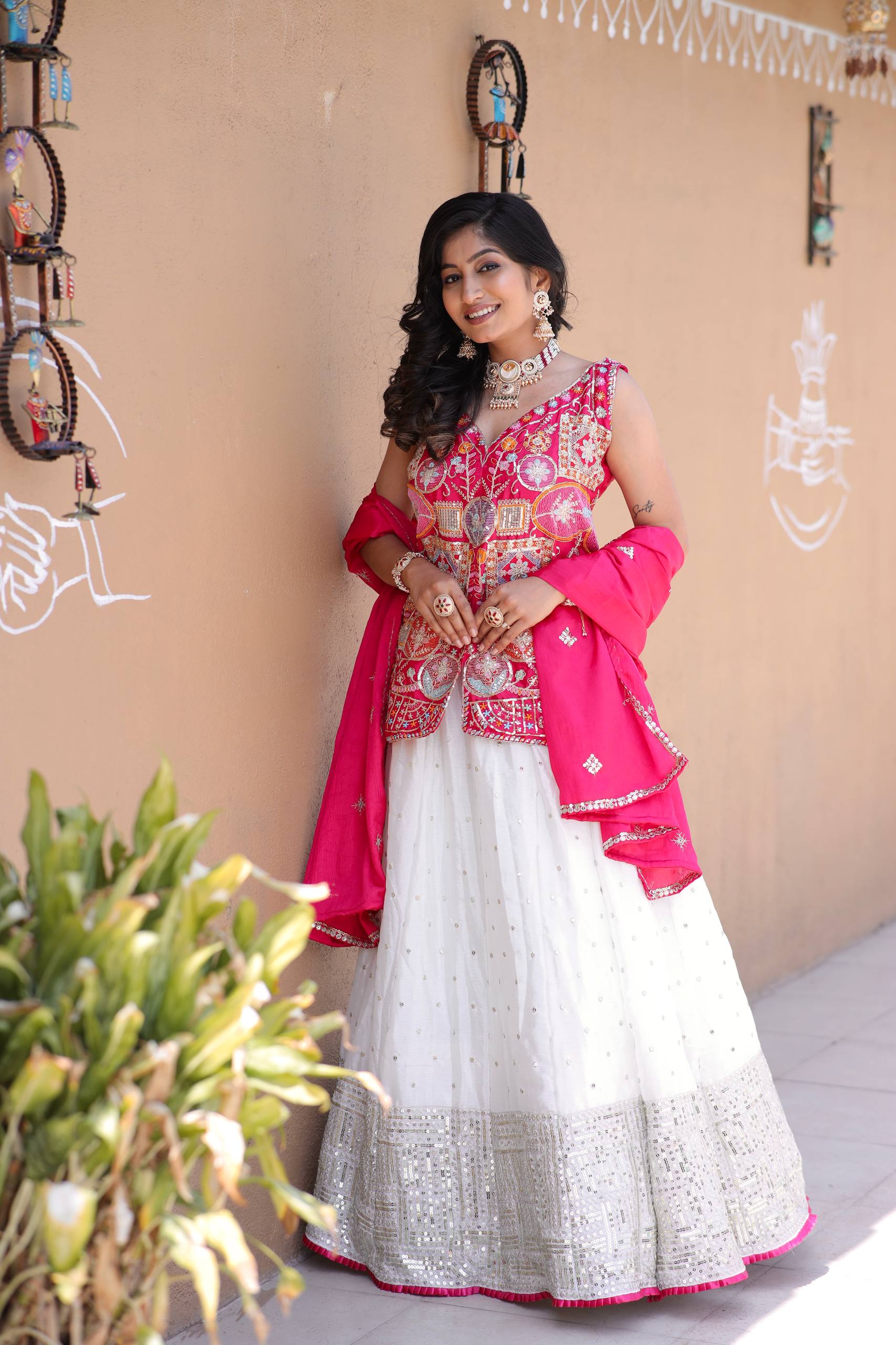 Traditional White Lehenga with Mirror Work and Pink Embroidered Jacket