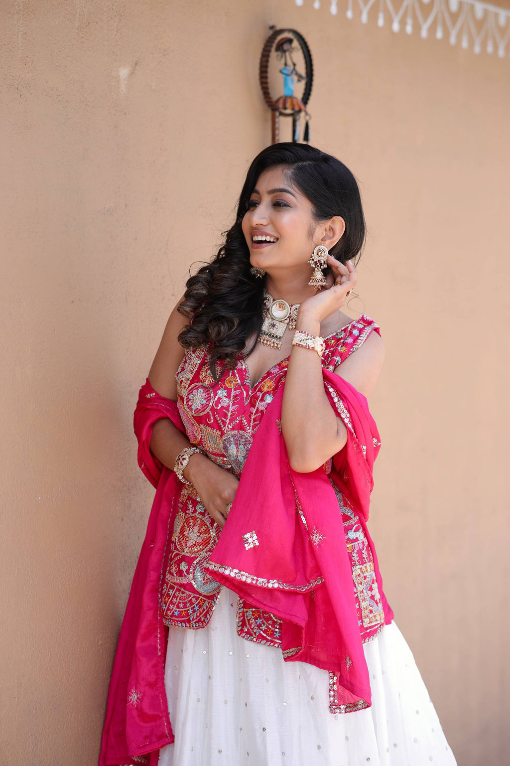 Traditional White Lehenga with Mirror Work and Pink Embroidered Jacket