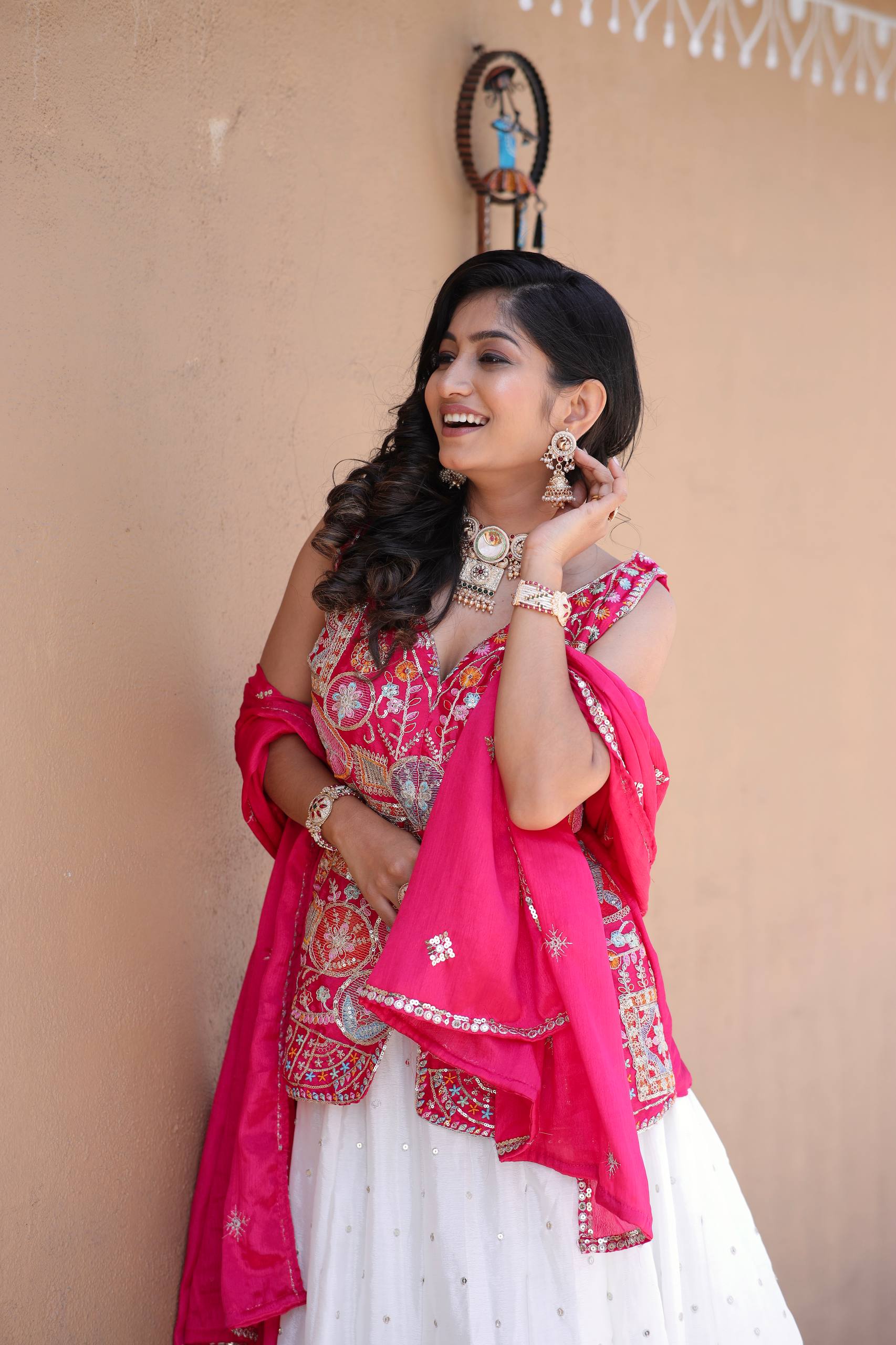 Traditional White Lehenga with Mirror Work and Pink Embroidered Jacket