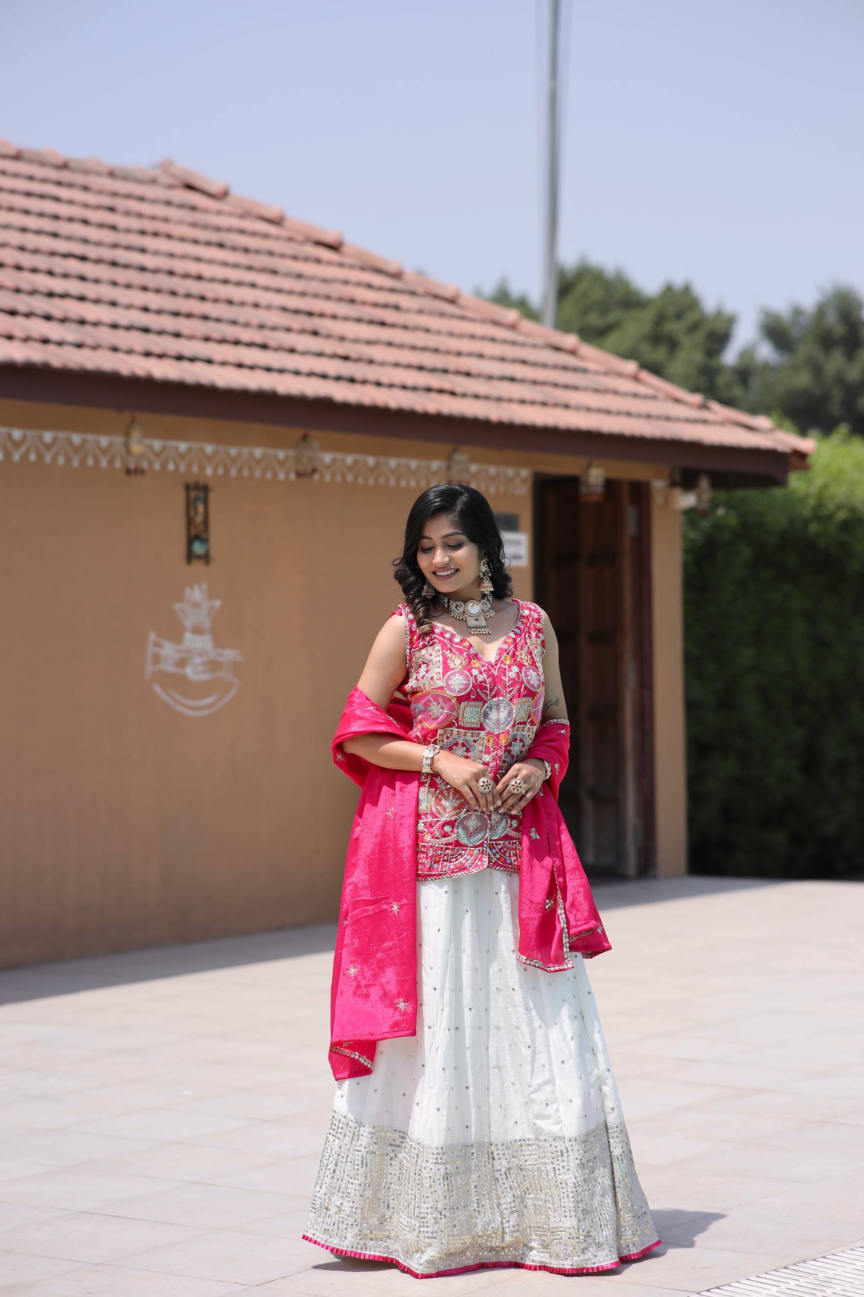 Traditional White Lehenga with Mirror Work and Pink Embroidered Jacket