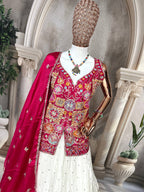 Traditional White Lehenga with Mirror Work and Pink Embroidered Jacket