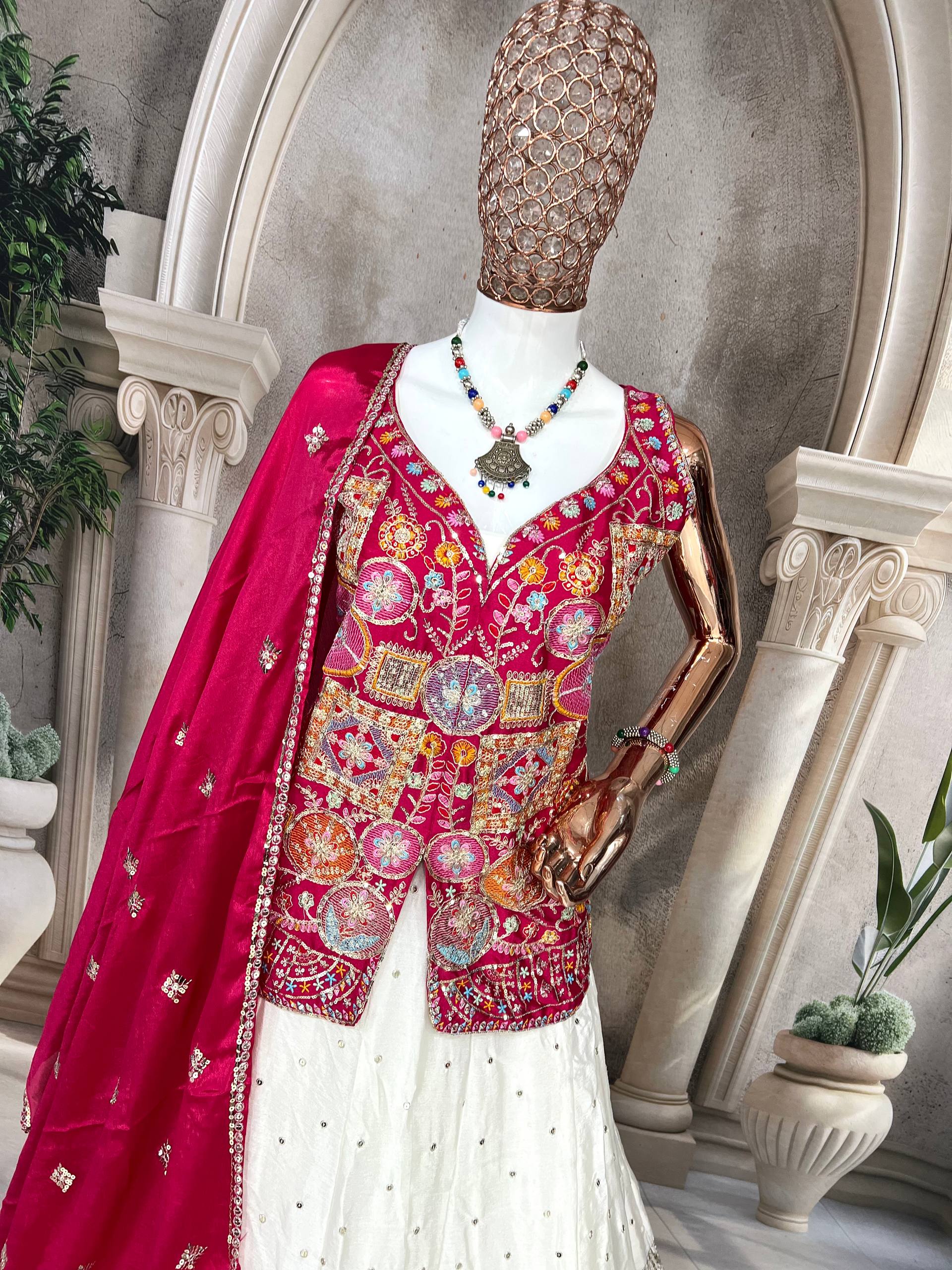 Traditional White Lehenga with Mirror Work and Pink Embroidered Jacket