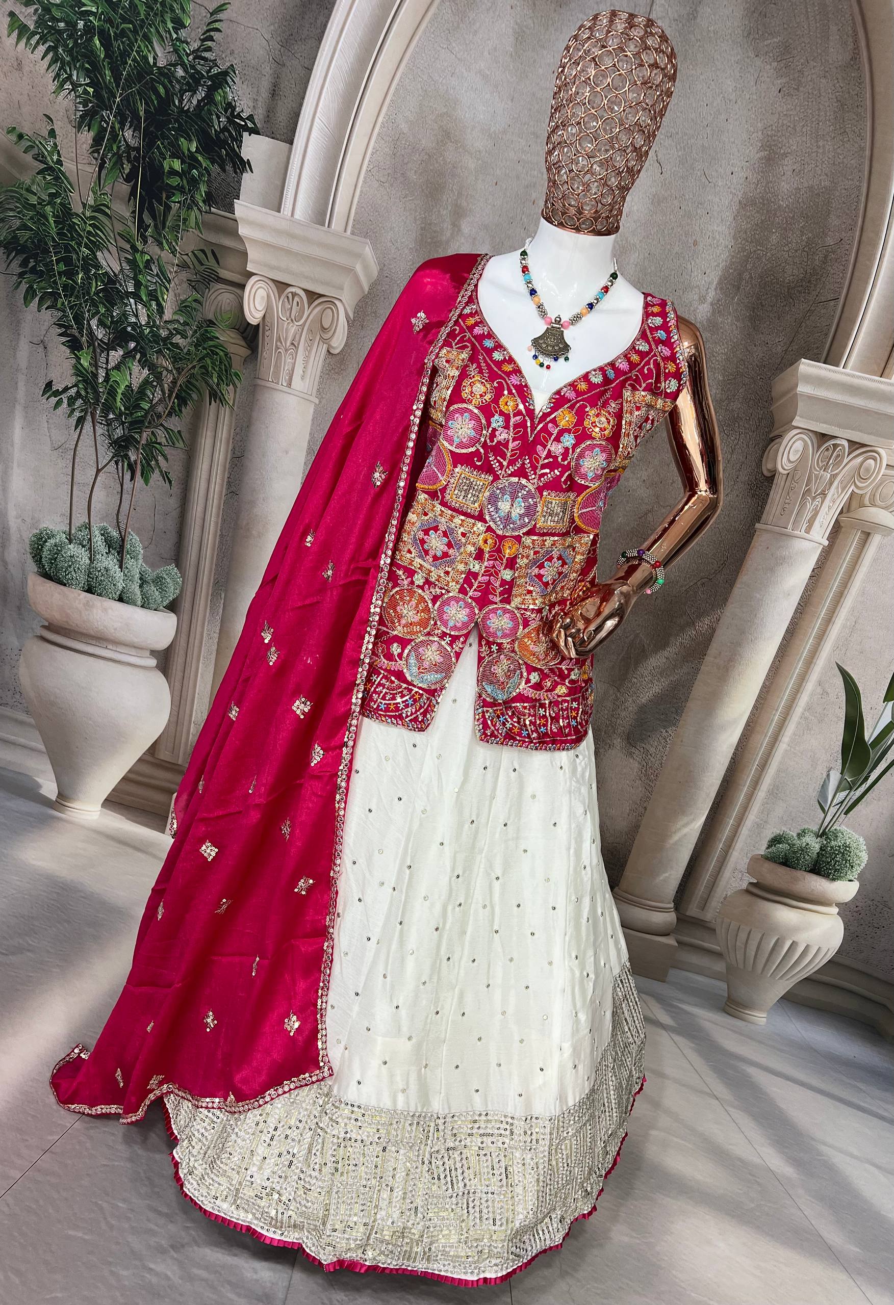 Traditional White Lehenga with Mirror Work and Pink Embroidered Jacket