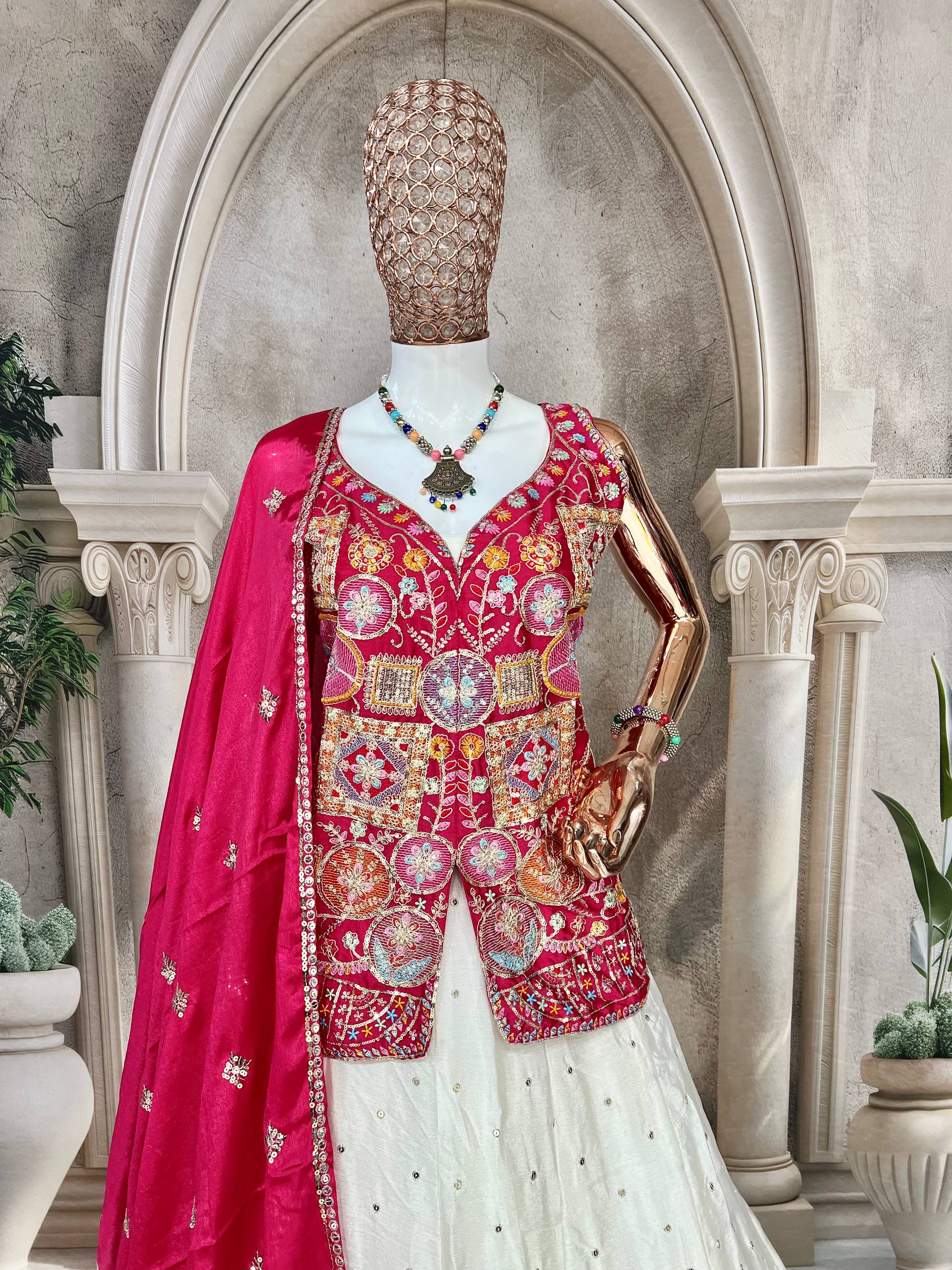 Traditional White Lehenga with Mirror Work and Pink Embroidered Jacket