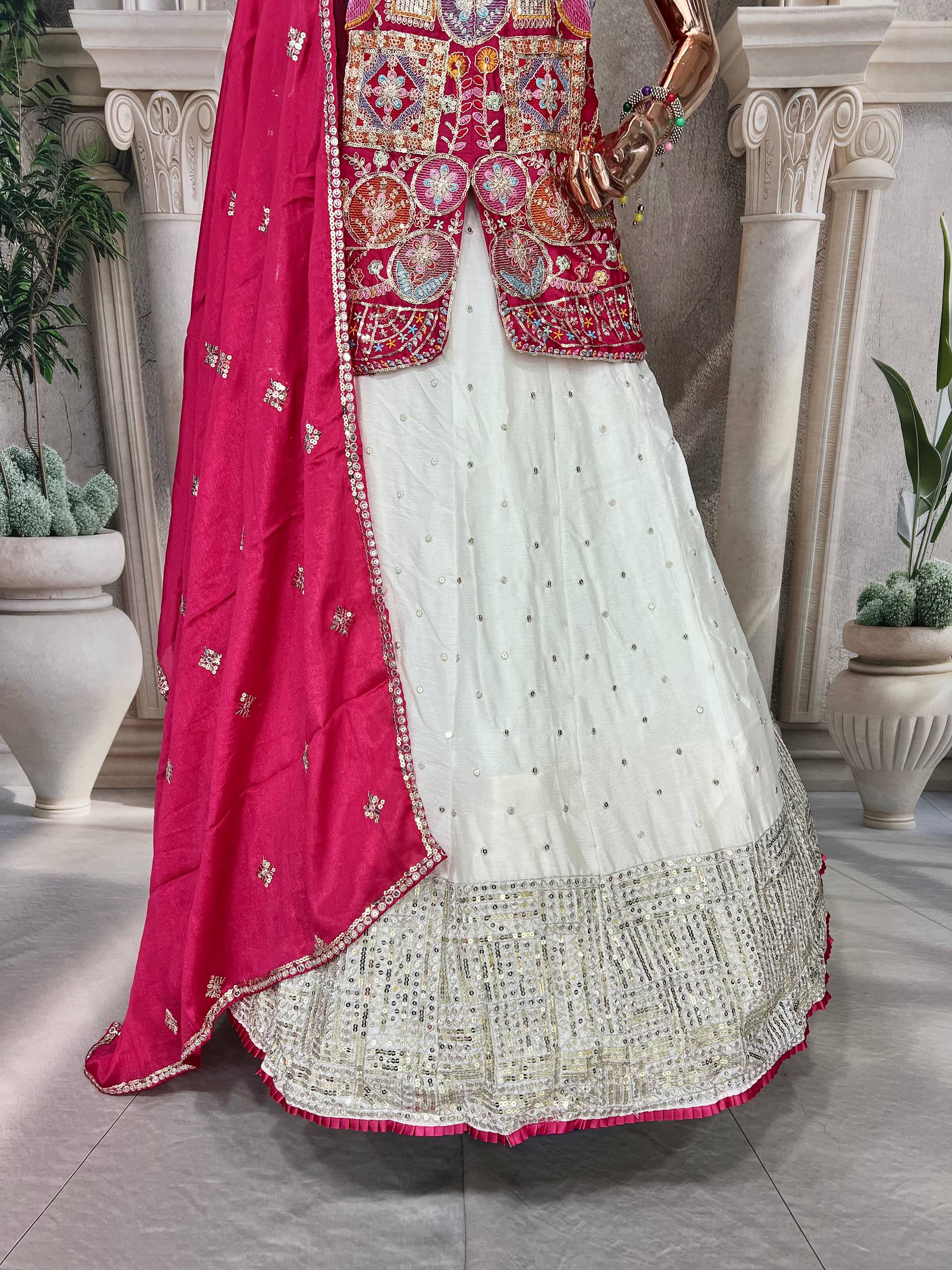 Traditional White Lehenga with Mirror Work and Pink Embroidered Jacket