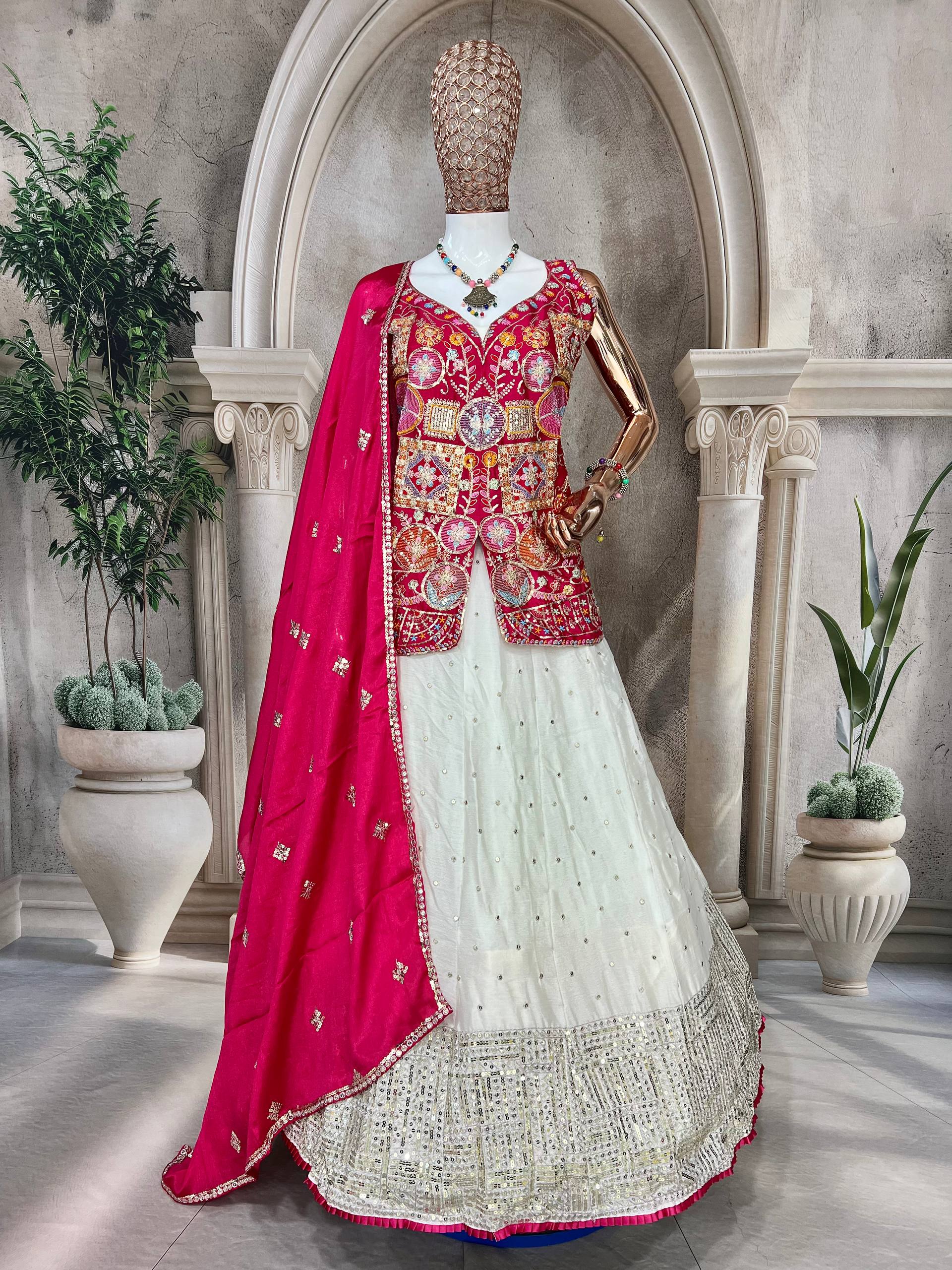 Traditional White Lehenga with Mirror Work and Pink Embroidered Jacket