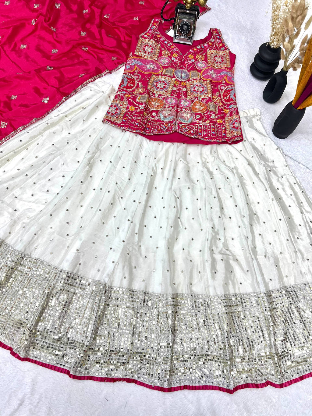 Traditional White Lehenga with Mirror Work and Pink Embroidered Jacket