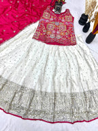 Traditional White Lehenga with Mirror Work and Pink Embroidered Jacket