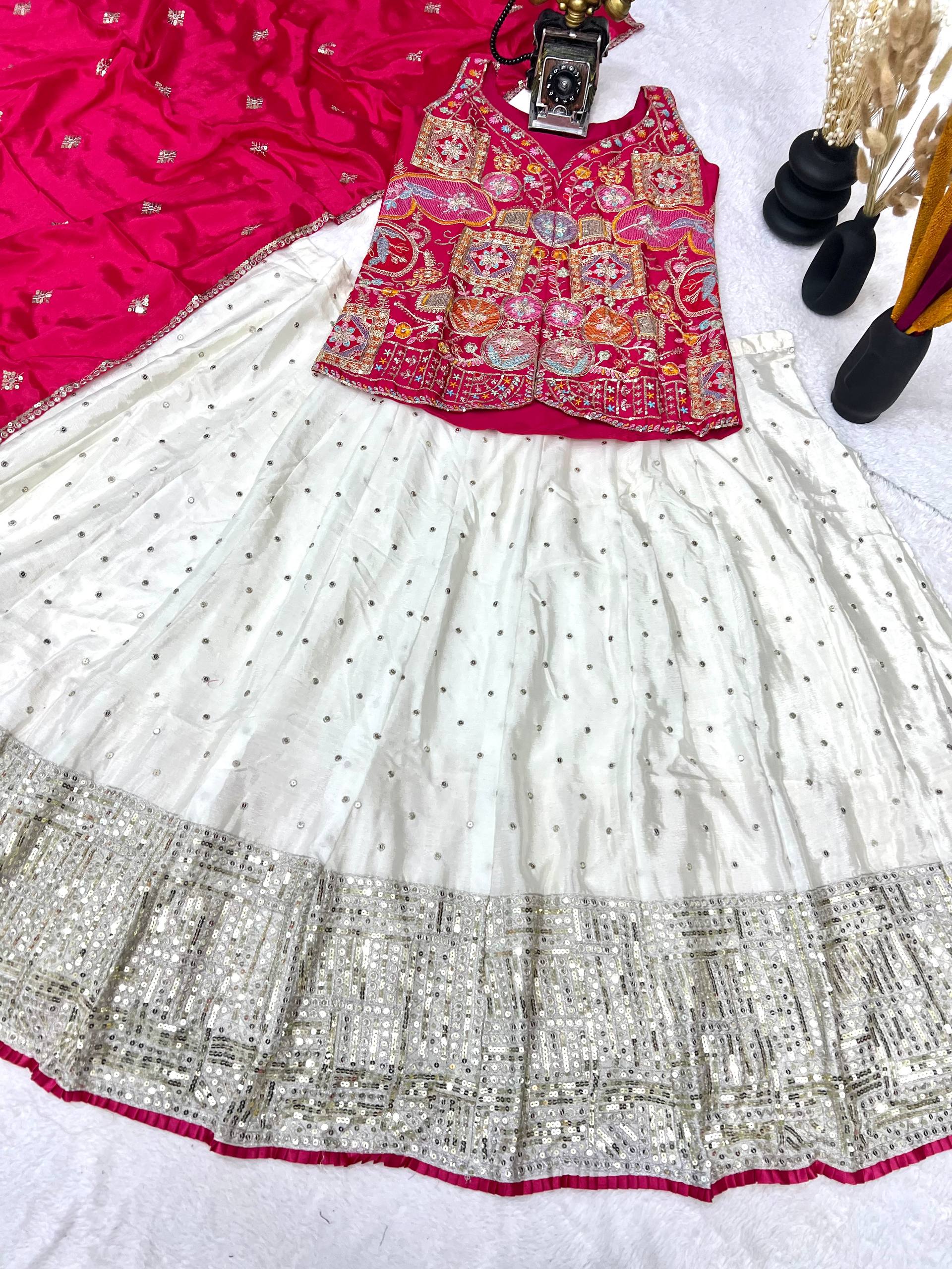 Traditional White Lehenga with Mirror Work and Pink Embroidered Jacket