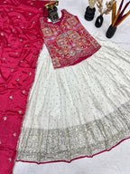 Traditional White Lehenga with Mirror Work and Pink Embroidered Jacket
