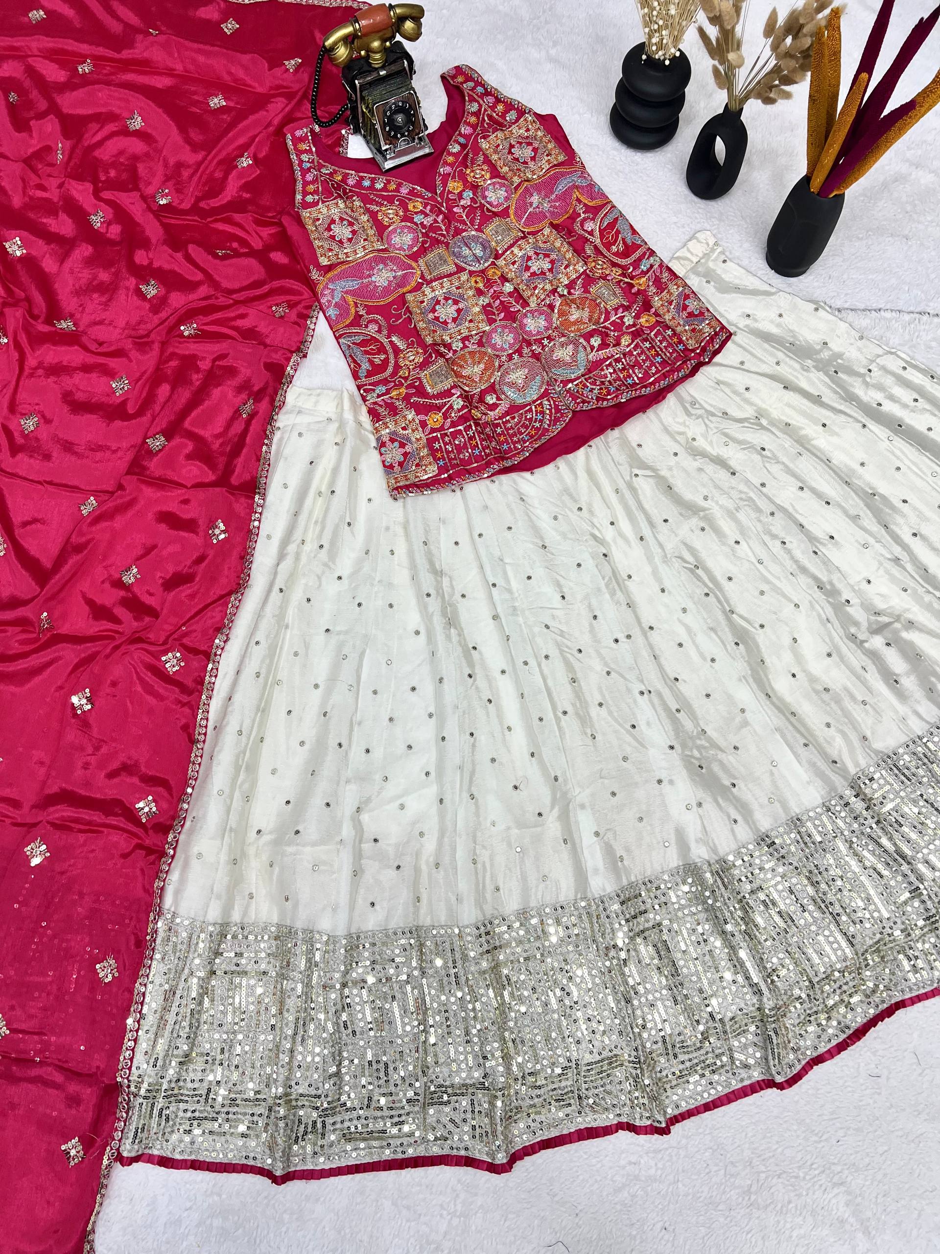 Traditional White Lehenga with Mirror Work and Pink Embroidered Jacket