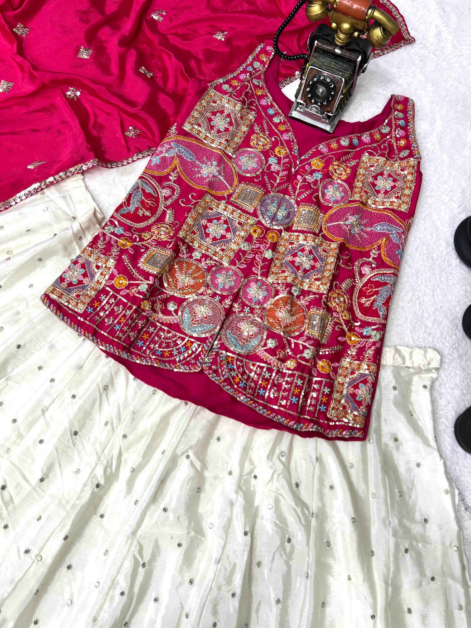 Traditional White Lehenga with Mirror Work and Pink Embroidered Jacket