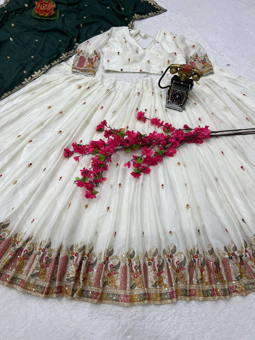 Premium White Bridal & Festive Lehenga Set with Contrast Dupatta