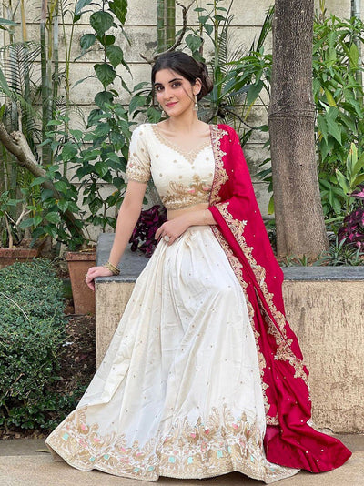Classic Ivory Lehenga Choli with Maroon Dupatta for Bridesmaids