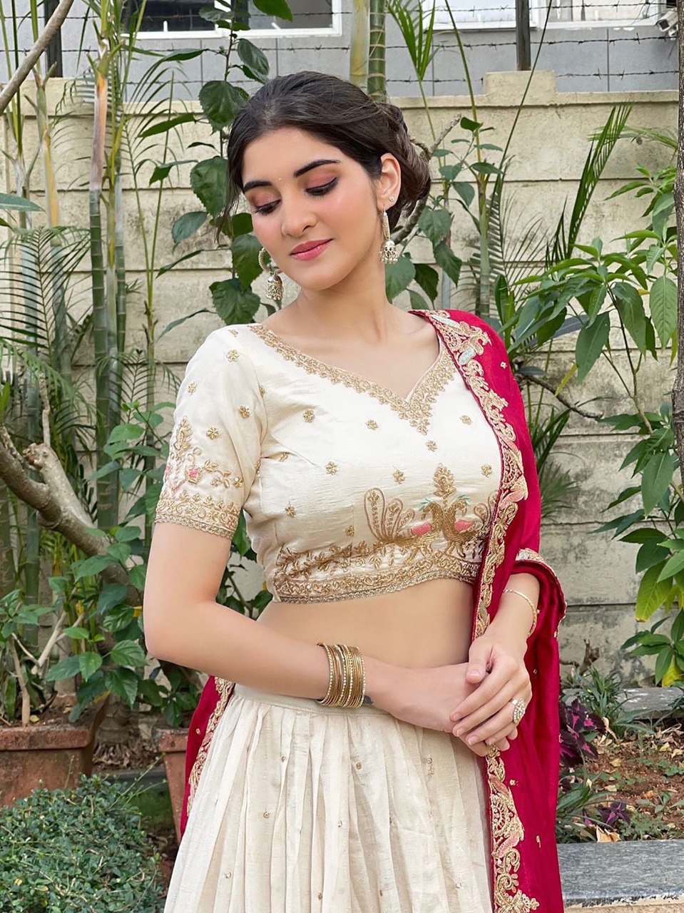 Classic Ivory Lehenga Choli with Maroon Dupatta for Bridesmaids