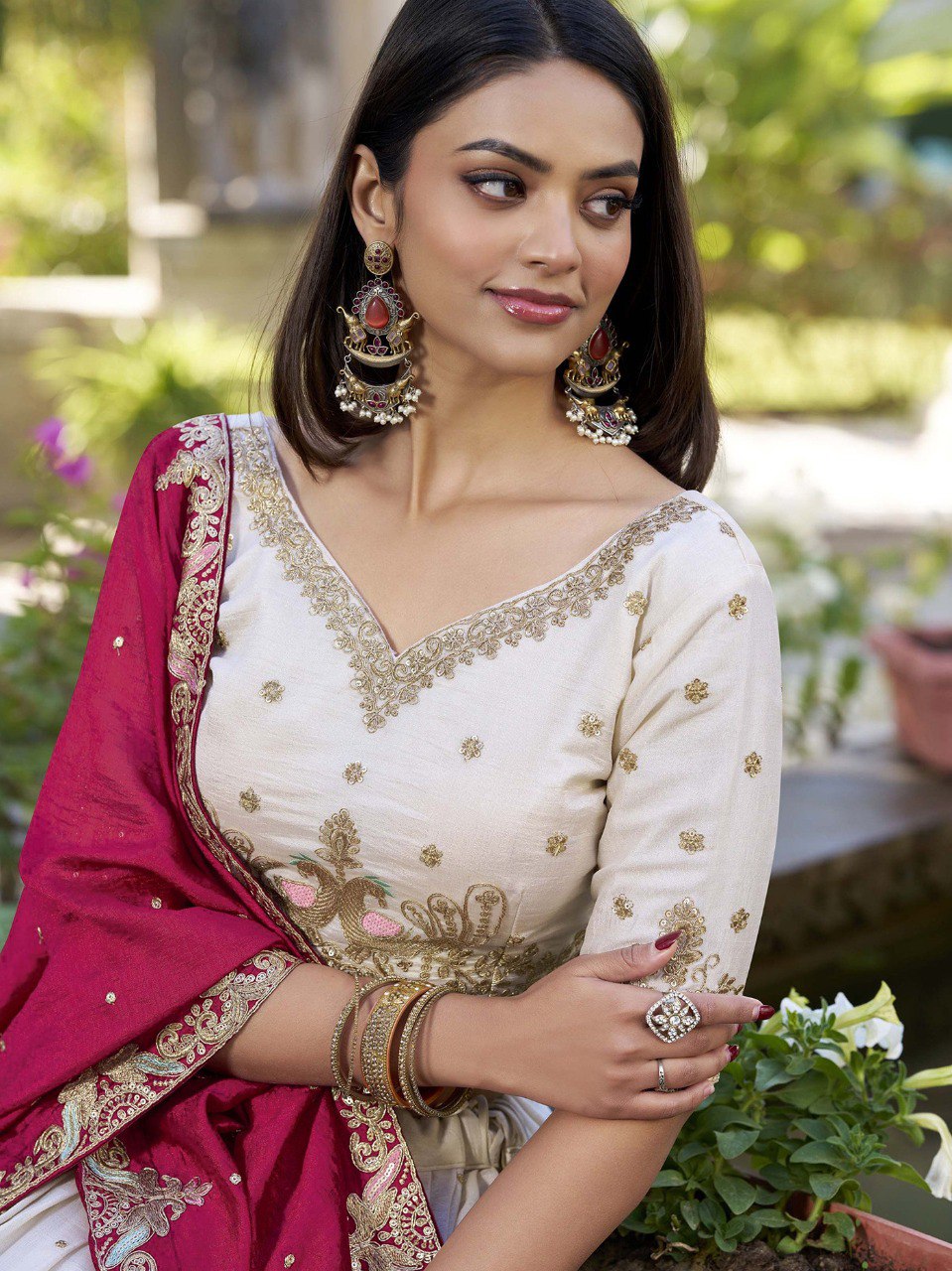 Classic Ivory Lehenga Choli with Maroon Dupatta for Bridesmaids