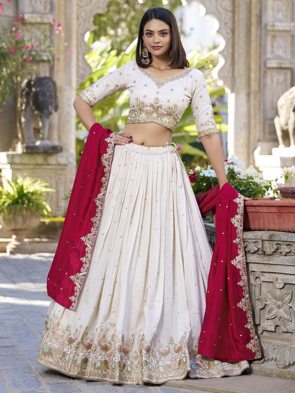 Classic Ivory Lehenga Choli with Maroon Dupatta for Bridesmaids