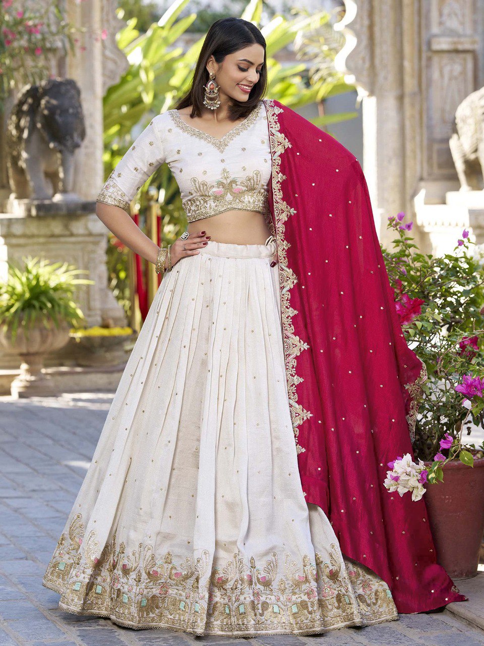 Classic Ivory Lehenga Choli with Maroon Dupatta for Bridesmaids