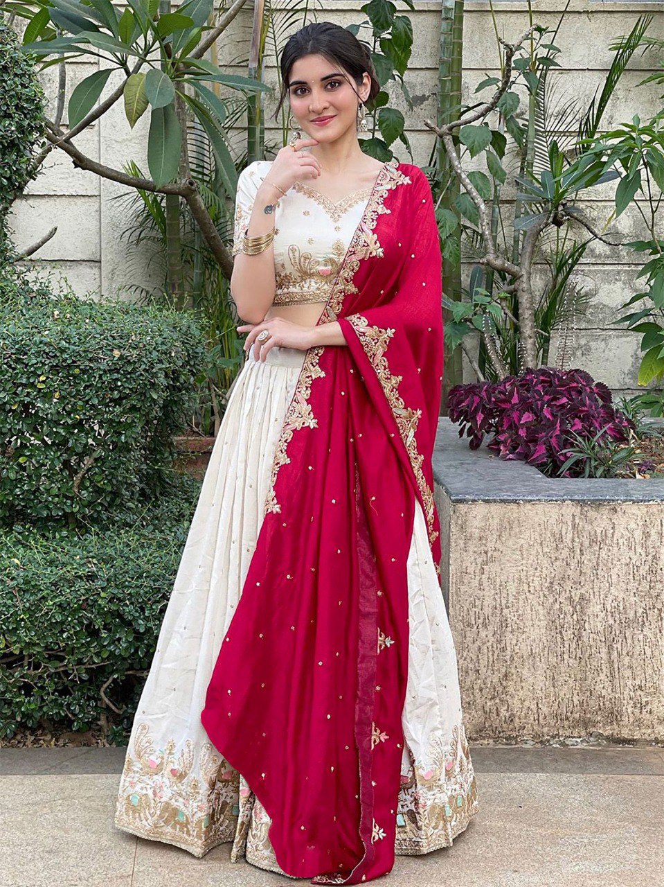 Classic Ivory Lehenga Choli with Maroon Dupatta for Bridesmaids