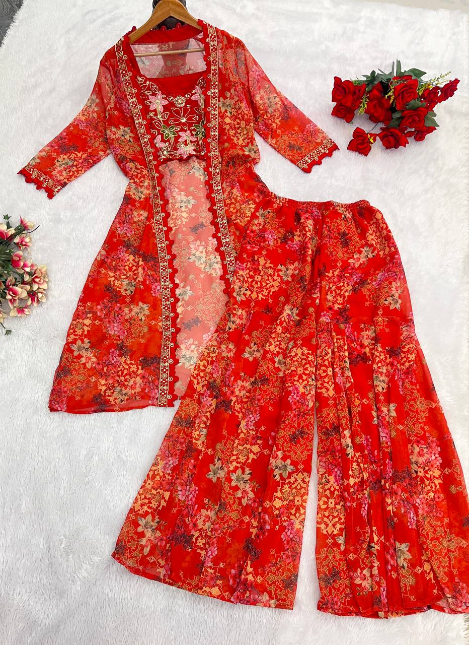 Bollywood Style Georgette Sharara Set with Shrug – Glamorous Party & Wedding Wear