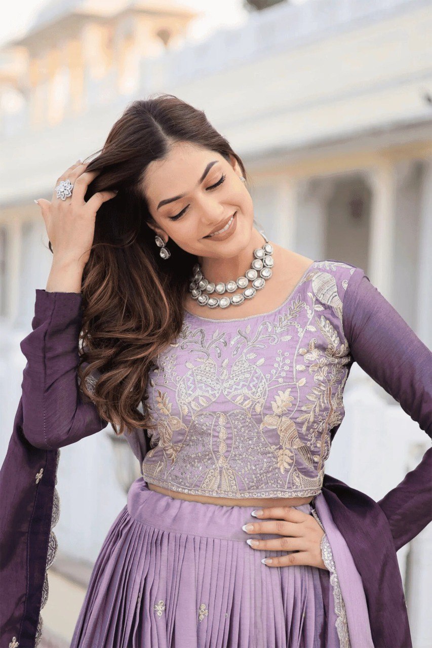 Majestic Lavender Party Wear Lehenga with Golden Embroidery