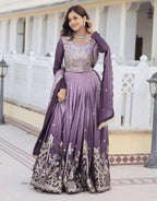 Majestic Lavender Party Wear Lehenga with Golden Embroidery