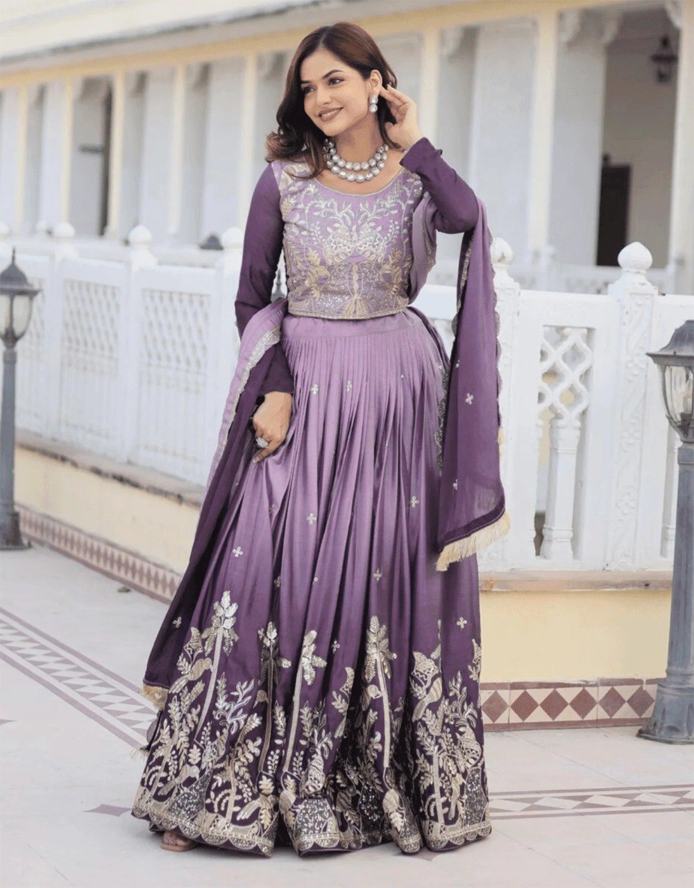 Majestic Lavender Party Wear Lehenga with Golden Embroidery