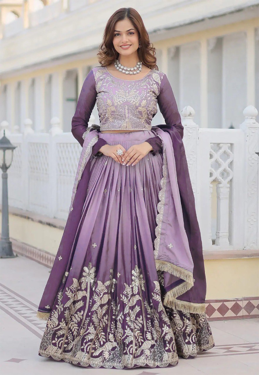 Majestic Lavender Party Wear Lehenga with Golden Embroidery