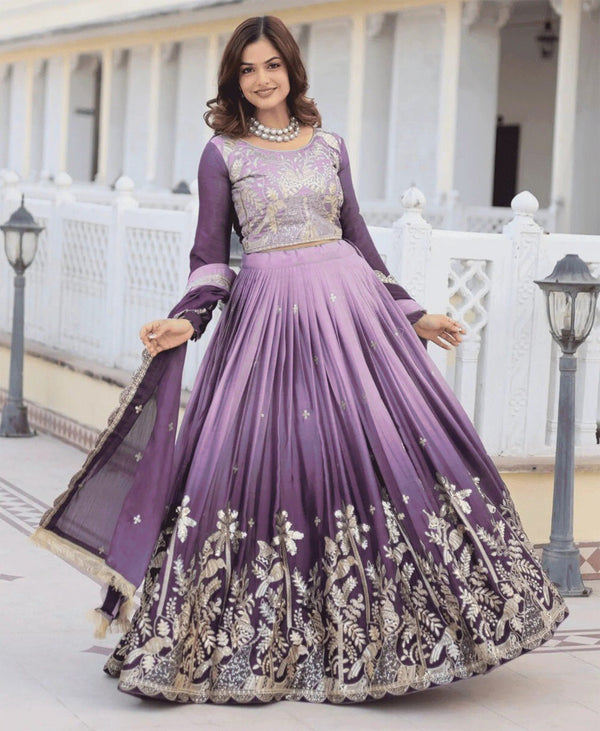 Majestic Lavender Party Wear Lehenga with Golden Embroidery
