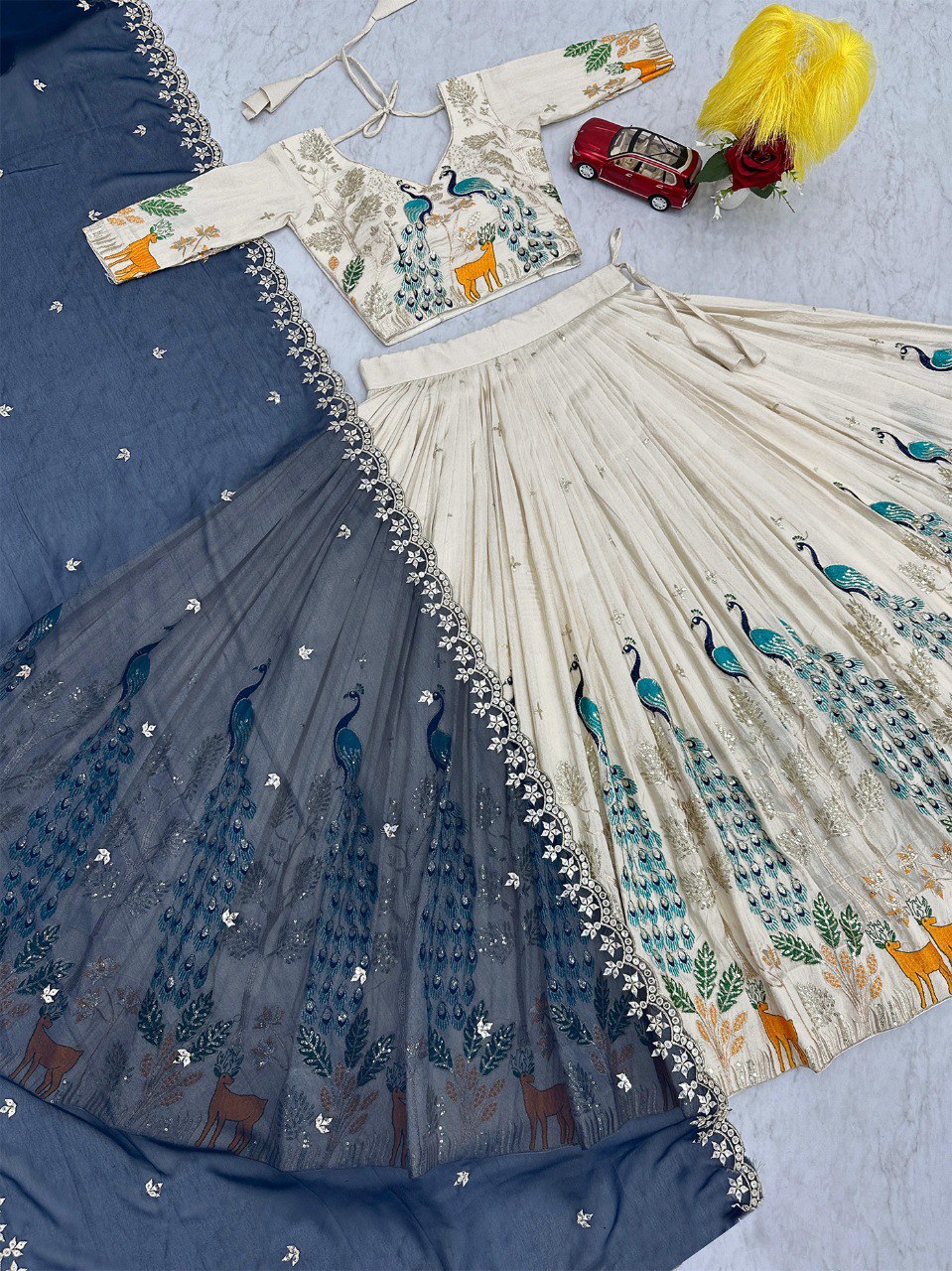 Ivory & Blue Designer Lehenga with Peacock and Deer Embroidery