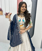 Ivory & Blue Designer Lehenga with Peacock and Deer Embroidery