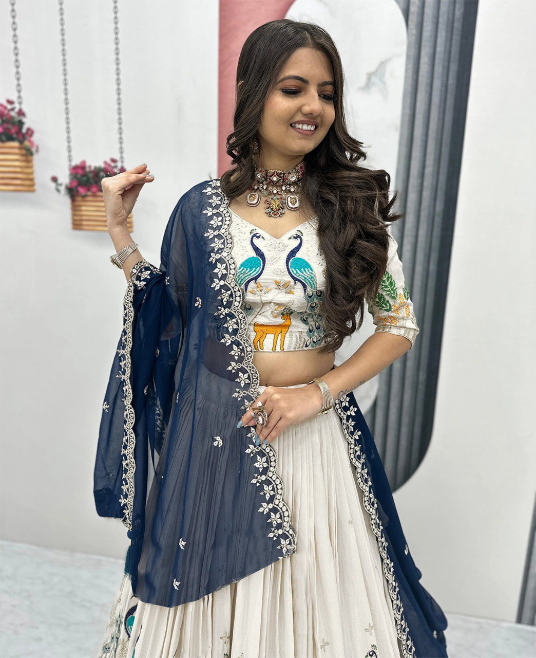Ivory & Blue Designer Lehenga with Peacock and Deer Embroidery