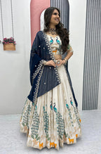 Ivory & Blue Designer Lehenga with Peacock and Deer Embroidery