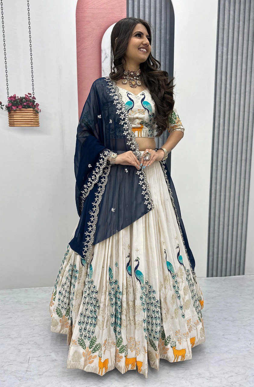 Ivory & Blue Designer Lehenga with Peacock and Deer Embroidery
