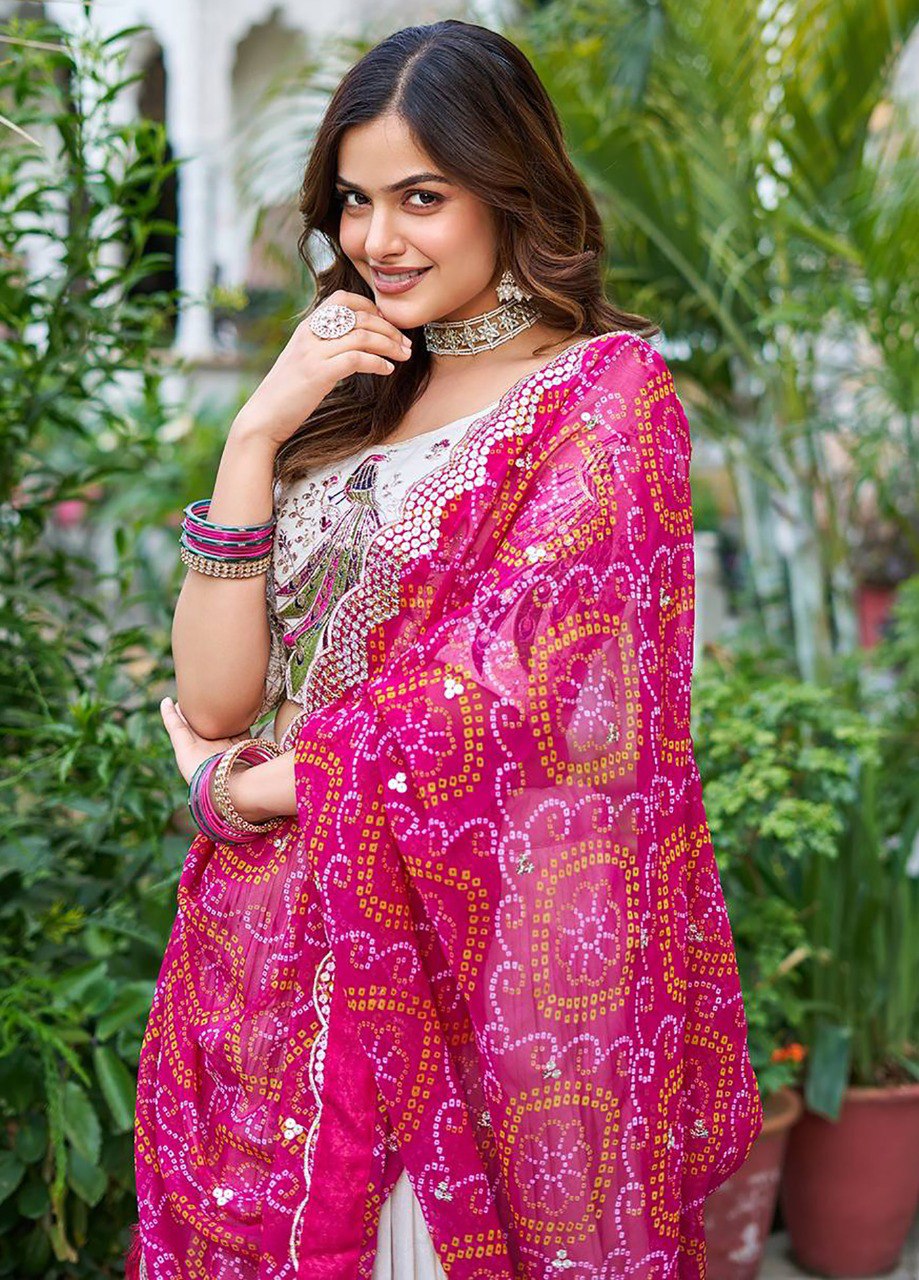 Celebration Glow White & Fuchsia Lehenga Ensemble