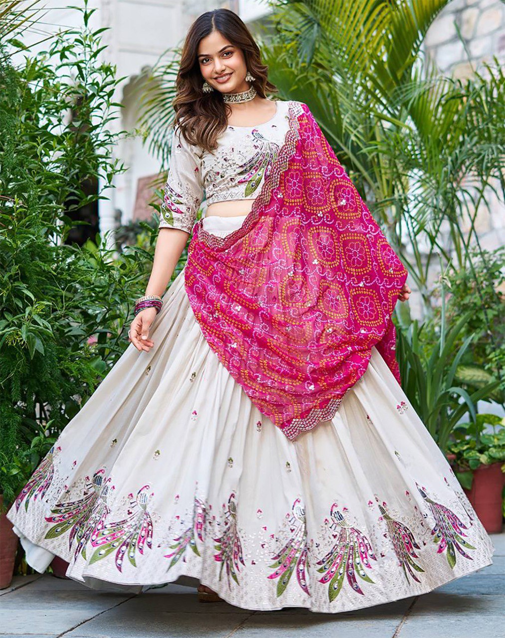 Celebration Glow White & Fuchsia Lehenga Ensemble