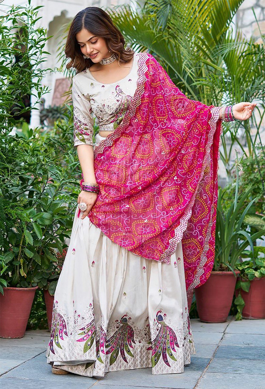 Celebration Glow White & Fuchsia Lehenga Ensemble