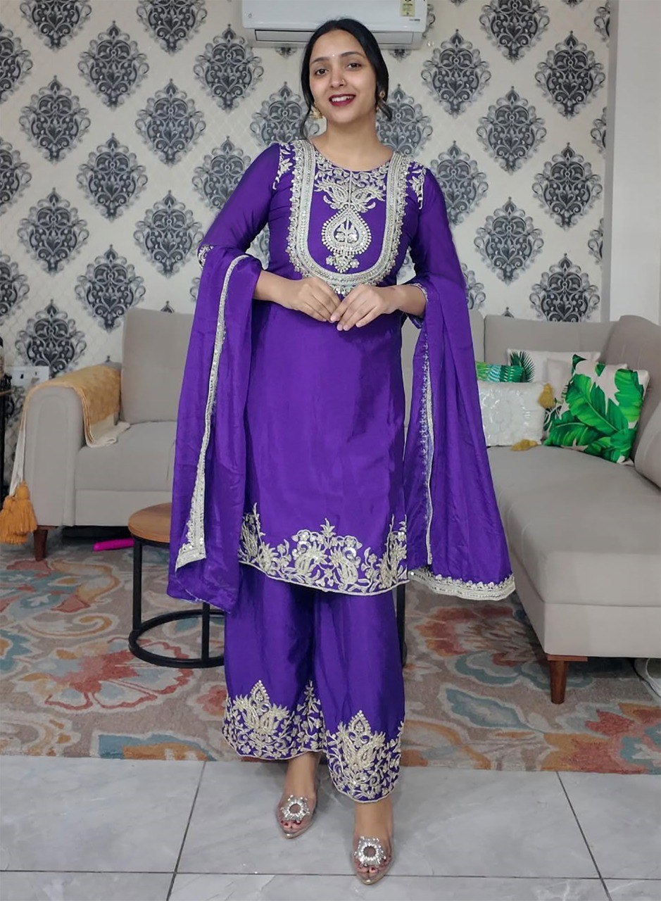 Traditional Purple Kurta Suit with Heavy Embroidery