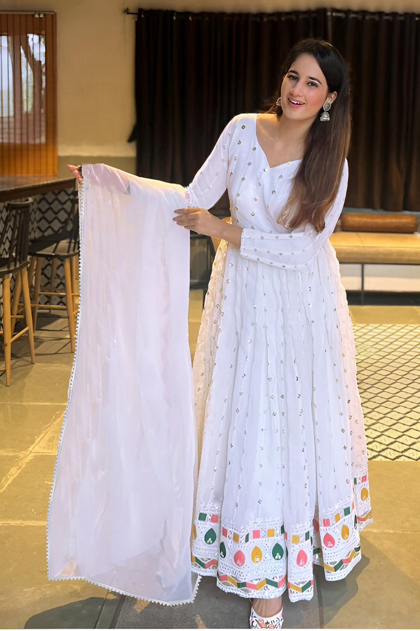 Graceful White Embroidered Anarkali Gown With Dupatta