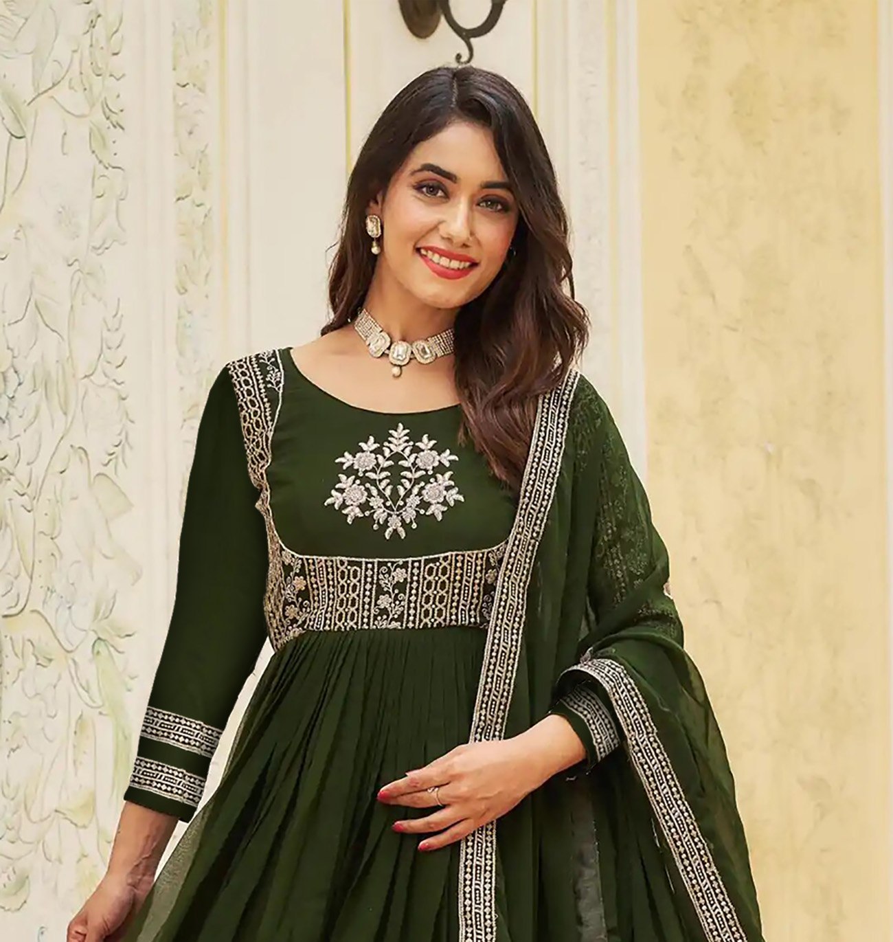 Traditional Green Embroidered Anarkali Gown with Dupatta