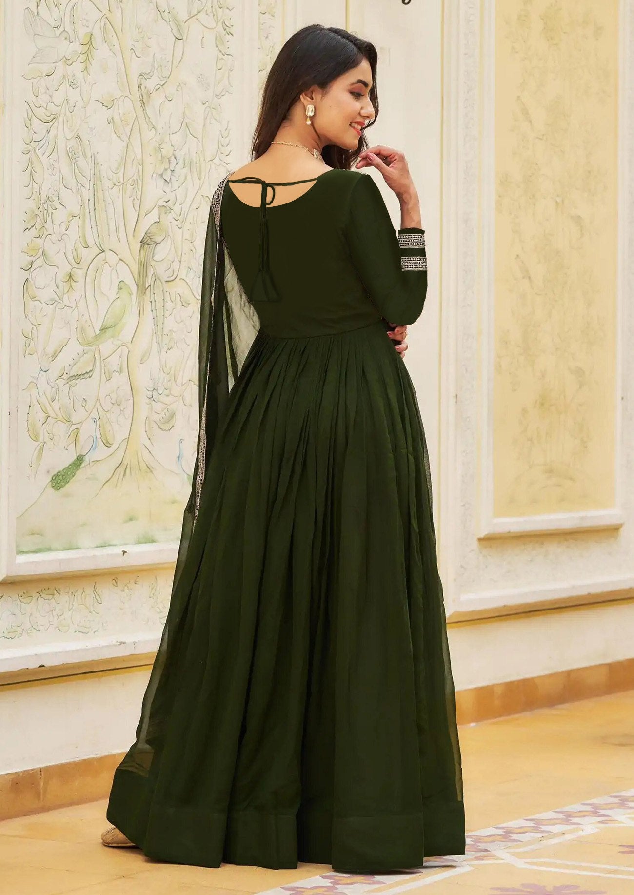 Traditional Green Embroidered Anarkali Gown with Dupatta
