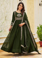 Traditional Green Embroidered Anarkali Gown with Dupatta