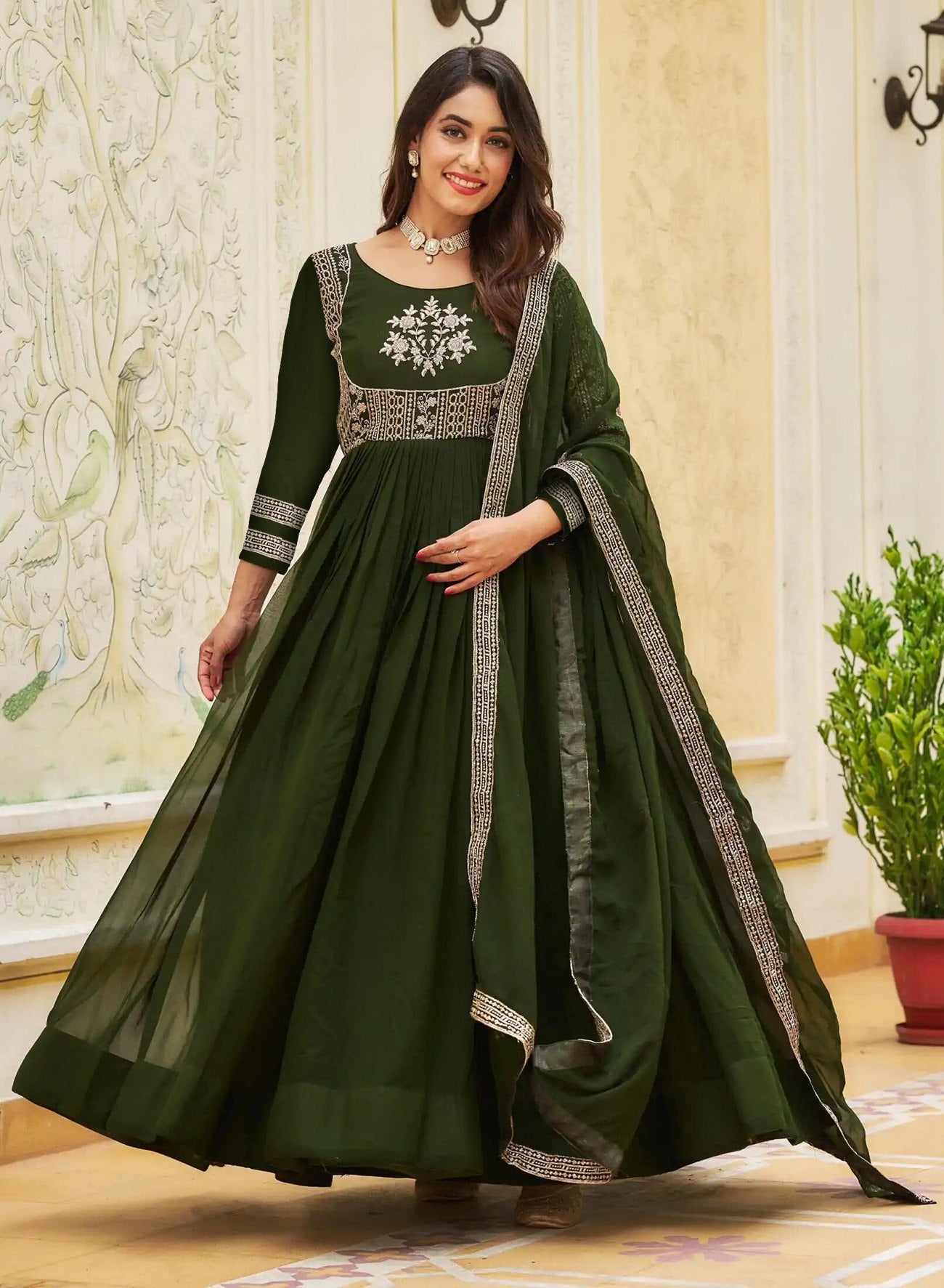 Traditional Green Embroidered Anarkali Gown with Dupatta