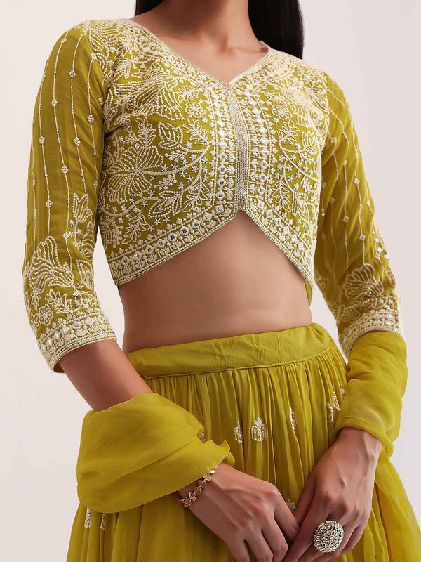 Women’s Lime Green Embroidered Lehenga Choli Set with Dupatta | Wedding & Festive Wear