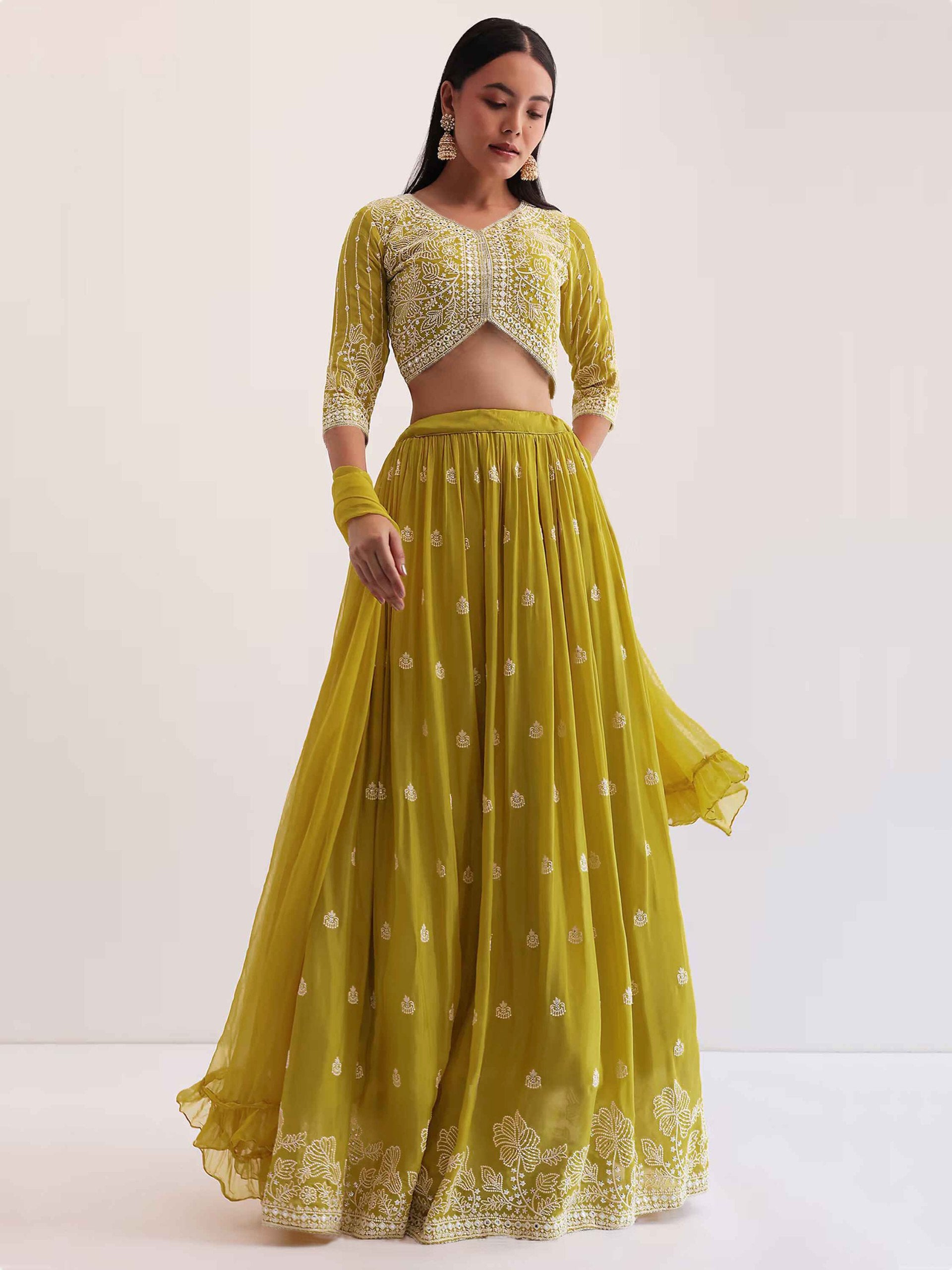 Women’s Lime Green Embroidered Lehenga Choli Set with Dupatta | Wedding & Festive Wear