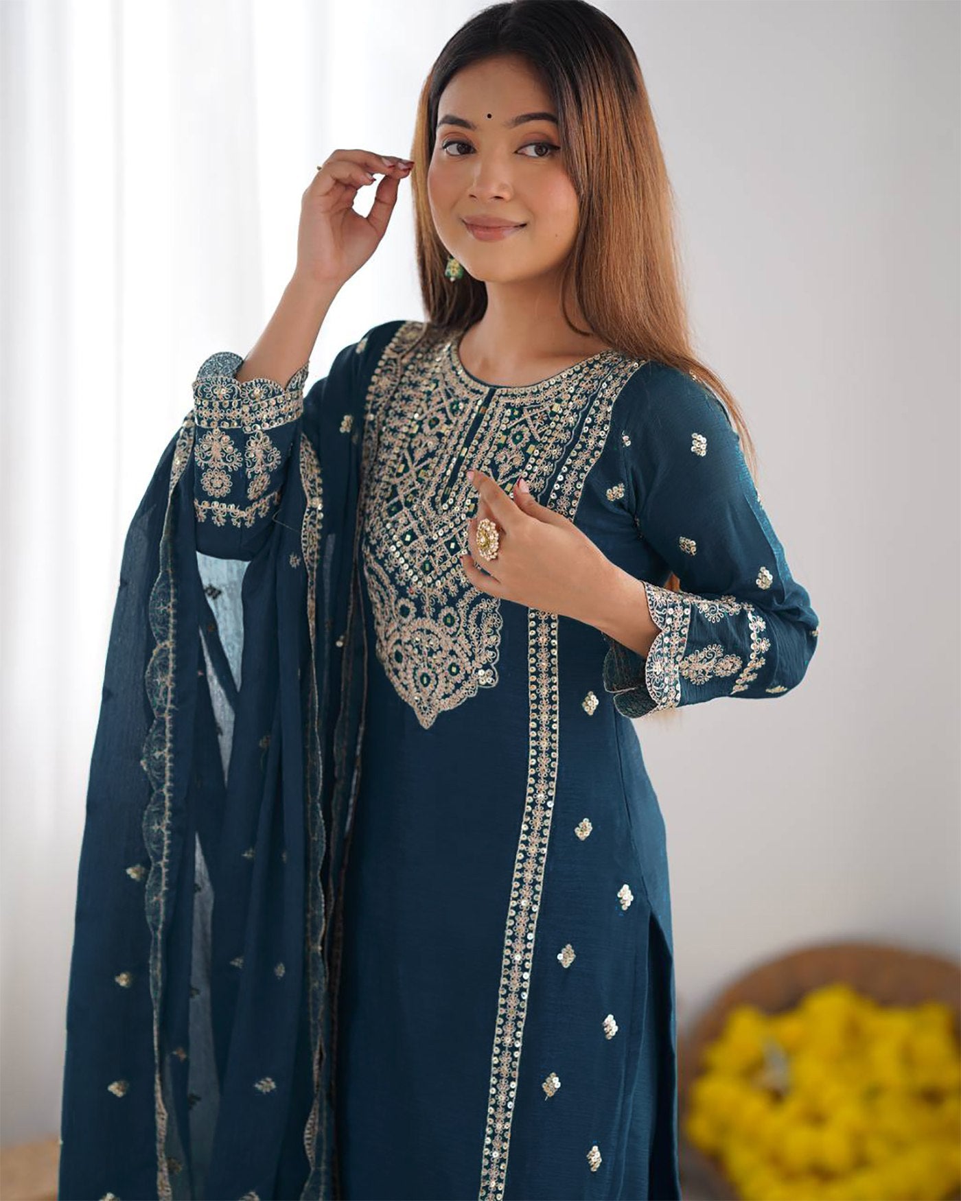 Ethnic Wear Blue Kurta with Pants & Dupatta