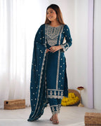 Ethnic Wear Blue Kurta with Pants & Dupatta